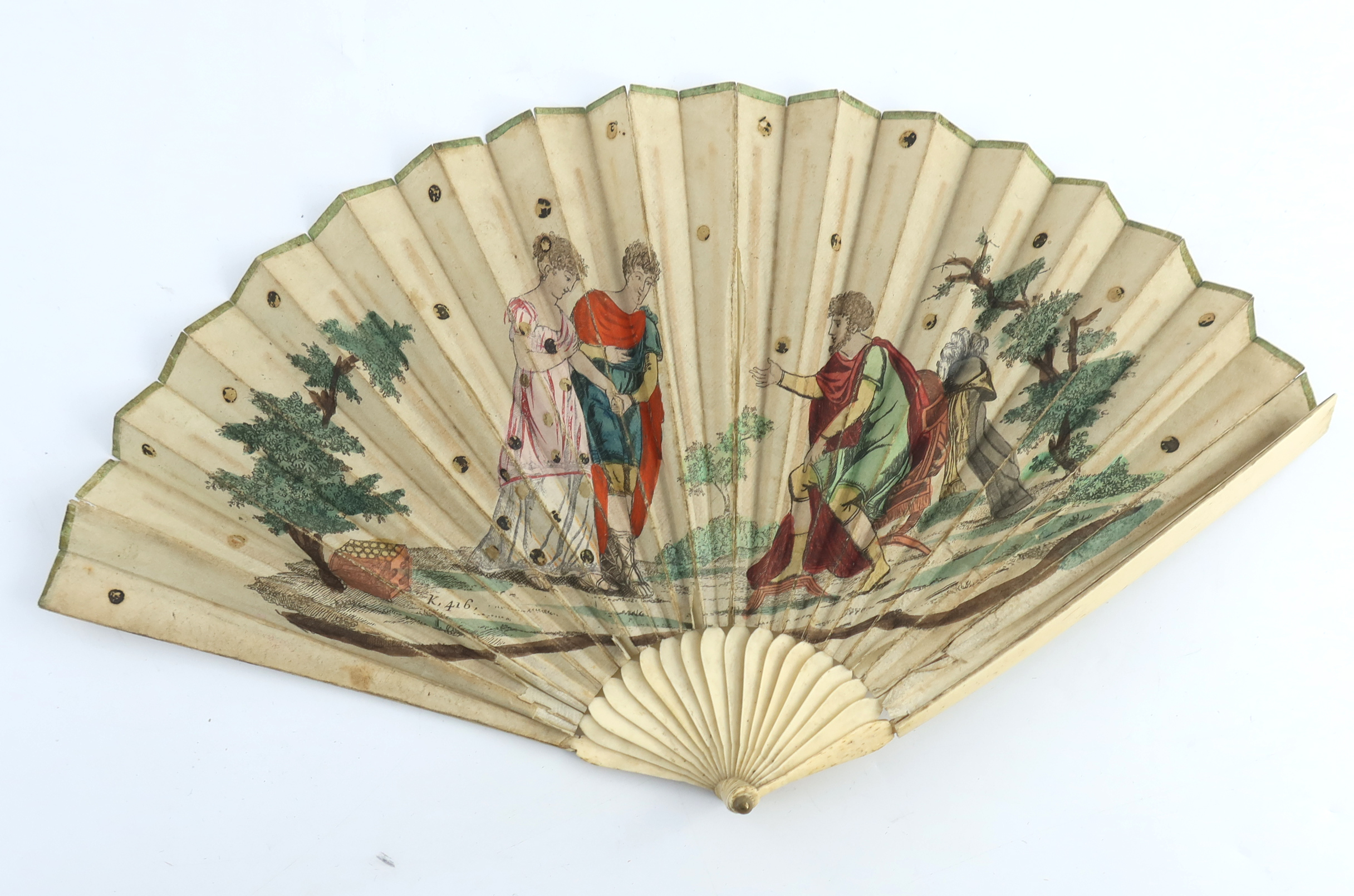 A small c 1820’s printed fan, the double paper leaf mounted on unadorned bone, possibly depicting Th - Image 2 of 7