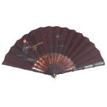 A very unusual 19th tortoiseshell fan c 1870’s with purple silk leaf, painted with two Japanese elde