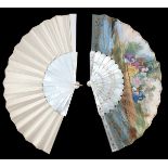 Two c 1860’s white mother of pearl fans, the first with gilding and silvering to the monture, the gu