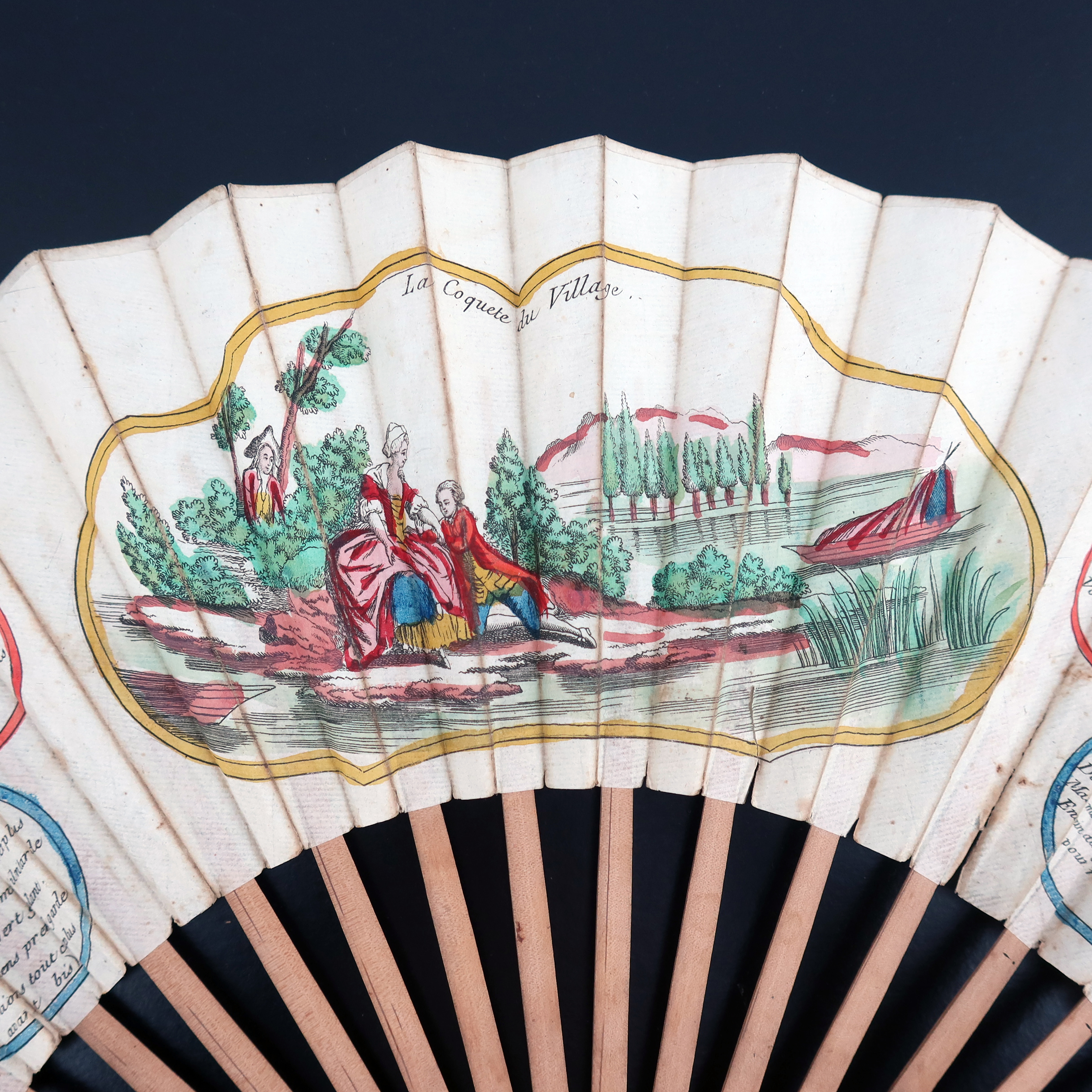 A French revolutionary period hand coloured fan entitled “La Coquette du Village”, with a central sc - Image 3 of 13