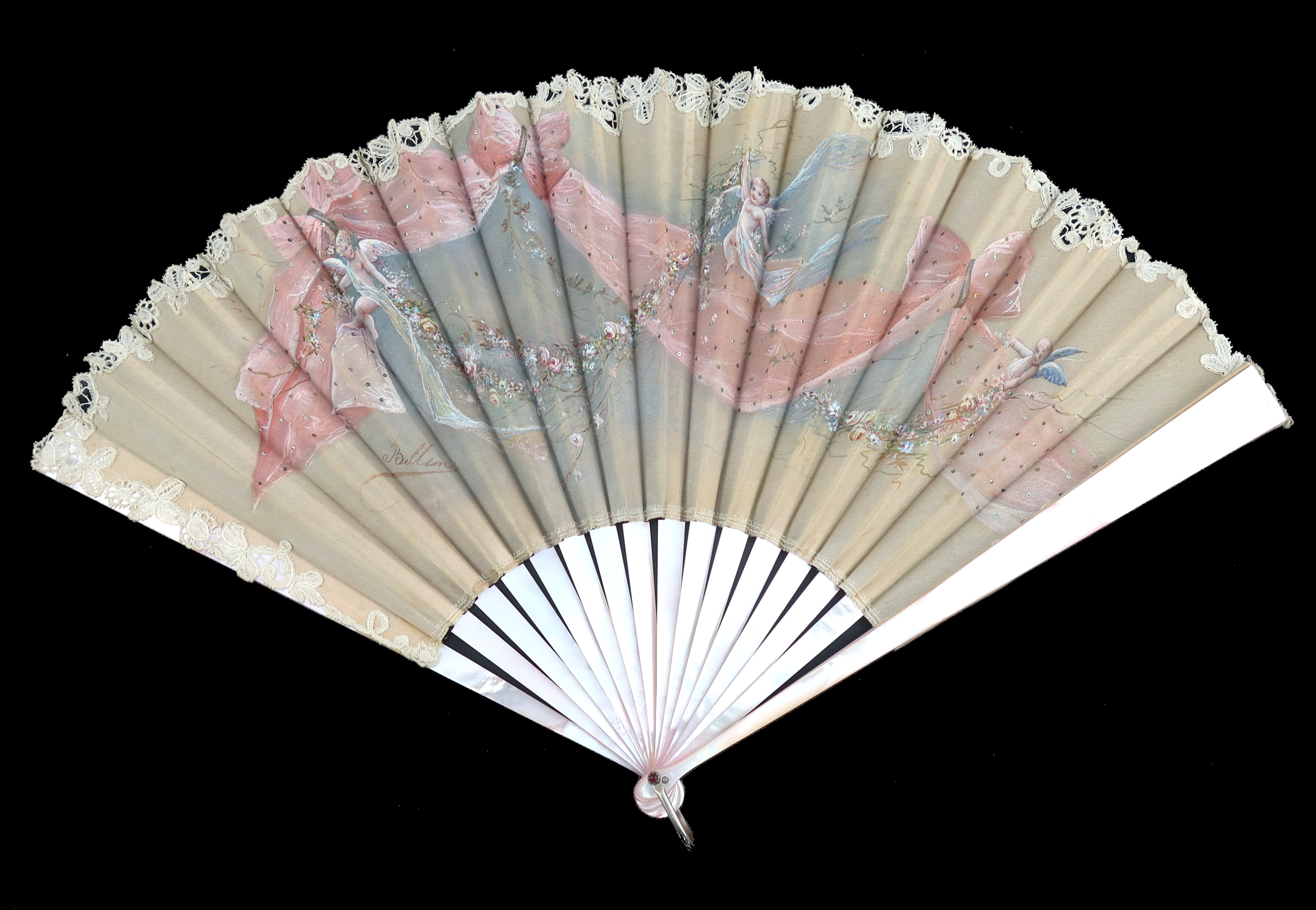 A good very pale pink Mother of Pearl fan c 1890’s, the double leaf with upper layer of cream silk g