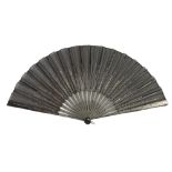 A large c 1890’s black gauze fan embroidered with shiny silver sequins in vertical lines of differin