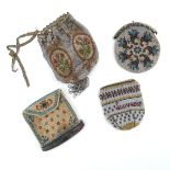 Four 19th century woven beadwork purses, to include a circular purse with embossed silver metal fram