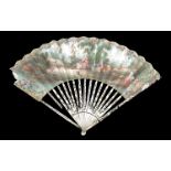 A slender 18th century fan with Mother of Pearl monture, the guards extensively carved and pierced w