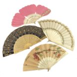 Four decorative fans from the second half of the 19th century, the first of skilfully carved bone wi