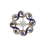 An Edwardian diamond, sapphire and enamel openwork brooch