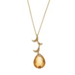 An 18ct gold citrine briolette and diamond pendant, with chain