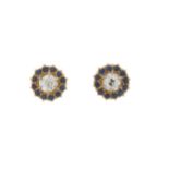 A pair of gold, diamond and sapphire cluster stud earrings