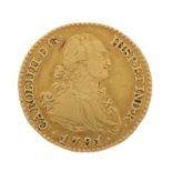 Carlos IV, a rare Spanish gold escudo coin, dated 1791
