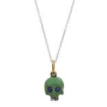 A silver and 18ct gold, green enamel and sapphire memento mori skull pendant, with chain