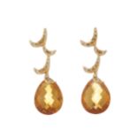 A pair of 18ct gold citrine briolette and diamond drop earrings