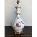 A recent armorial style famille rose table lamp base, cast metal scroll base, height 47cm