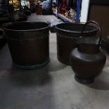 Two copper coal buckets, cylindrical riveted form,