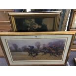 A limited edition signed horse racing print and three other pictures, framed (4)