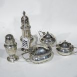 A quantity of silver items, including two pepper pots and a pair of mustard pots, Birmingham 1932,