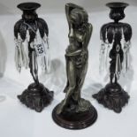 A pair of bronzed candlestick lustres, 27cm high, together with a recent cast metal figure of a