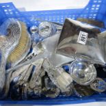 A parcel lot of silver and plate dressing table objects, including match striker, cigar casket etc