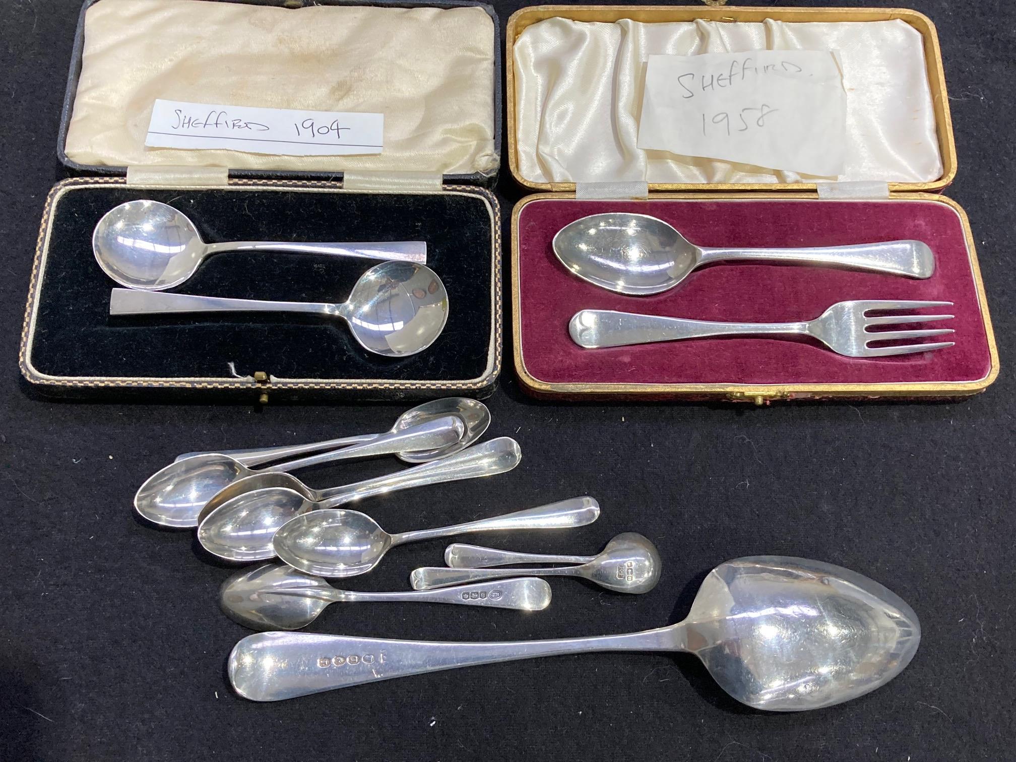 Silver flatware, including cased pair of Edward VII silver spoons, Sheffield 1904, a cased set of