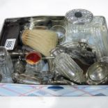 A parcel lot of silver and plate dressing table objects, including condiments, brush, mirror,