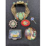 A selection of micro mosaic jewellery and items, together with an Art Nouveau enamel plaque signed