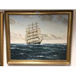 Edward Powell (British, 20th Century), galleon on a choppy sea, signed l.r., oil on canvas, 60 by