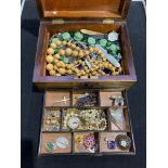 A selection of gold, silver and costume jewellery, in wooden box, to include a 9ct gold cross