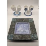 A Troika pottery square shaped dish by Alison Bridgen, 20cm x 20cm, together with two Troika