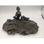 An Art Nouveau bronze dish in the form of a maiden next to a pond, H.10cm L.23cm