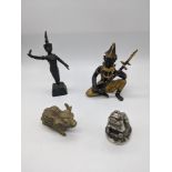 A group of Oriental cast metal miniature sculptures including a Sitar player, a dancer, a mythical