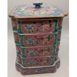 A Chinese Peranakan Straits Famille Rose porcelain Tiffin stacking box, makers mark Xu Shun Chang to