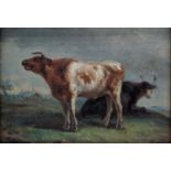 19th century British School, a study of Highland cattle, oil on panel, later frame, H.12cm W.16.5cm