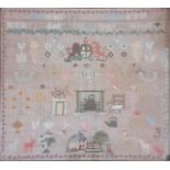 A 19th century sampler embroidered with hearts, teapots, flora and fauna, a Royal crest and