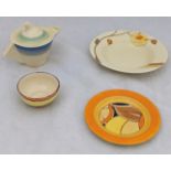 A Bizarre for Clarice Cliff bowl and plate, together with two other Deco ceramics