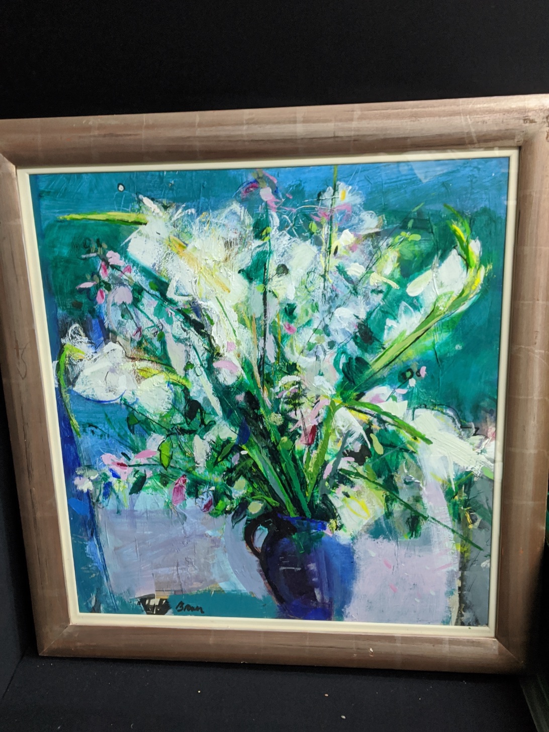 John Brown RSW (Scottish, b.1945), Flowers in the Moonlight, oil on board, signed lower left, H.80cm - Image 3 of 5