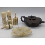 A collection of 19th century Eastern bone and ivory items with a Chinese white jadeite leaf dish and