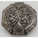 A Chinese export silver hexagonal salt, decorated with floral figural scenes and character marks,