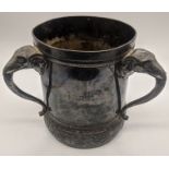A Victorian silver plated presentation cup by Rogers Smith Merden Ct Quadruple, three handles in the