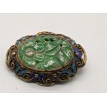 Vermeil silver enamel and jade brooch, H.3.5cm