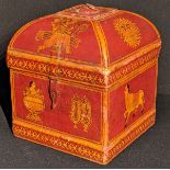 An Indian papier mache turban box, red ground depicting gods and animals, H.27cm W.25cm D.25cm