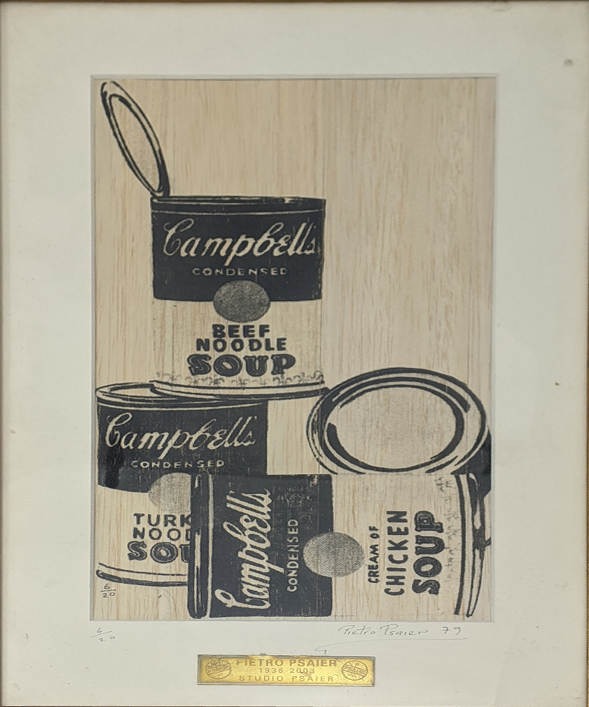 Pietro Psair (1936-2004), A still life Campbells, 1979, monochrome print on bleached fruitwood,