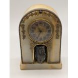 An early 20th century marble mantel clock, mounted with a carved jade owl, applied gilt ivy and
