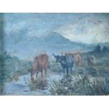 D.Clark, Highland Cattle, oil on card, signed, H.9.5cm W.13.5cm