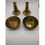 A pair of Persian brass vases inlaid with copper and silver, H.12cm, together with a pair of similar