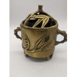 A Chinese brass incense burner with bamboo style motifs, bearing mark to base for Xuande period, H.