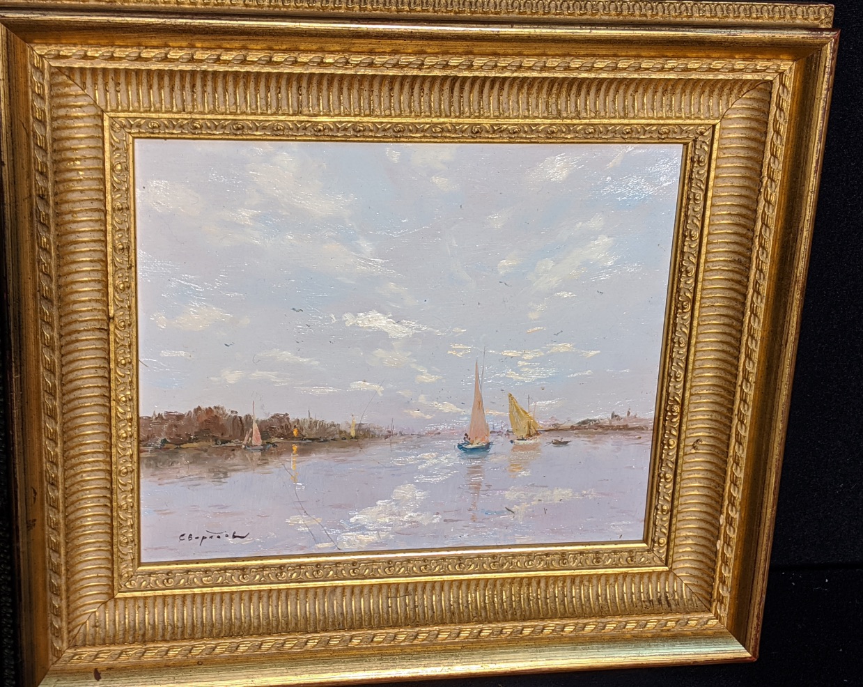 20th century Russian school, a lake scene, oil on card, signed lower left, inscription to verso, H. - Image 3 of 3