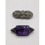 Two silver brooches, one mounted with amethyst, L.4.5cm
