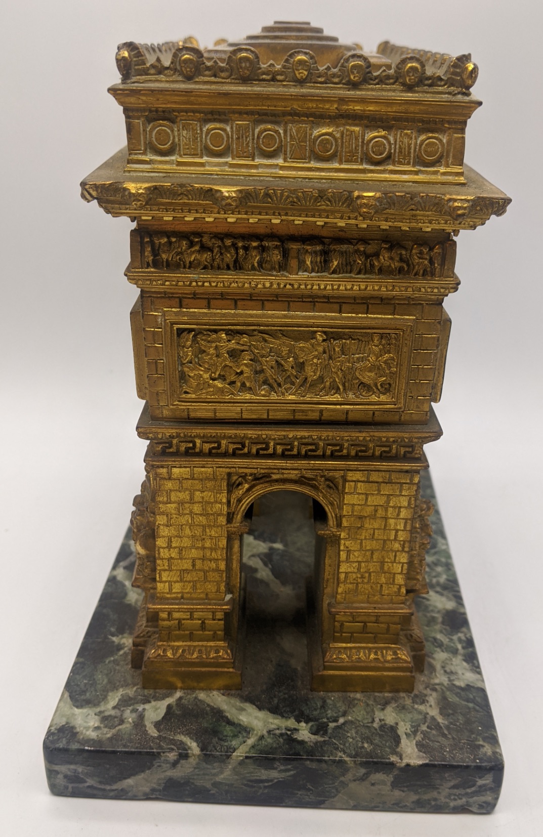 An ormolu bronze model of the Arc de Triomph, mounted on a marble base, circa 1900, H.21cm W.19cm - Image 3 of 3