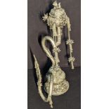 An Indian Islamic white metal hookah base with stem and bowl, India
