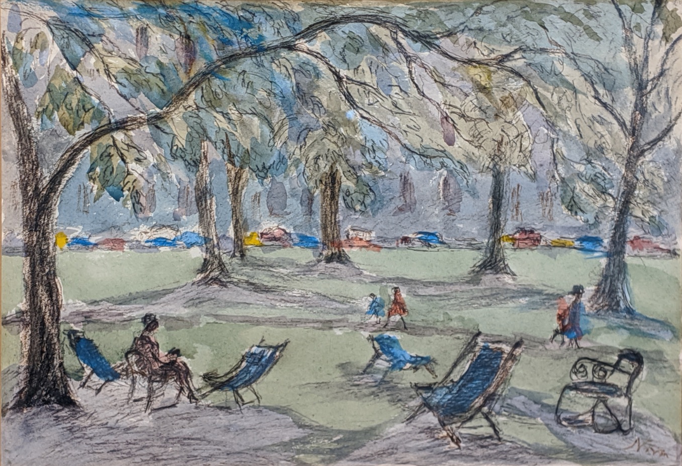 Margaret Graeme Niven (1906-1997), Kensington Gardens, ink, pastel and watercolour, signed lower