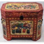 A Burmese painted wooden twin handled box, H.31cm W.36cm